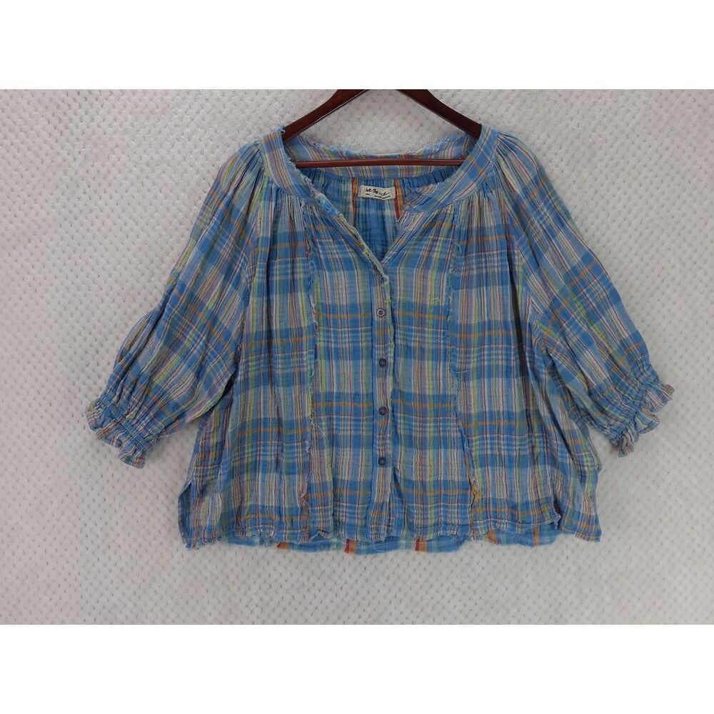Free People We The Free Lucy Swing Plaid Top Women's Small Blue Plaid